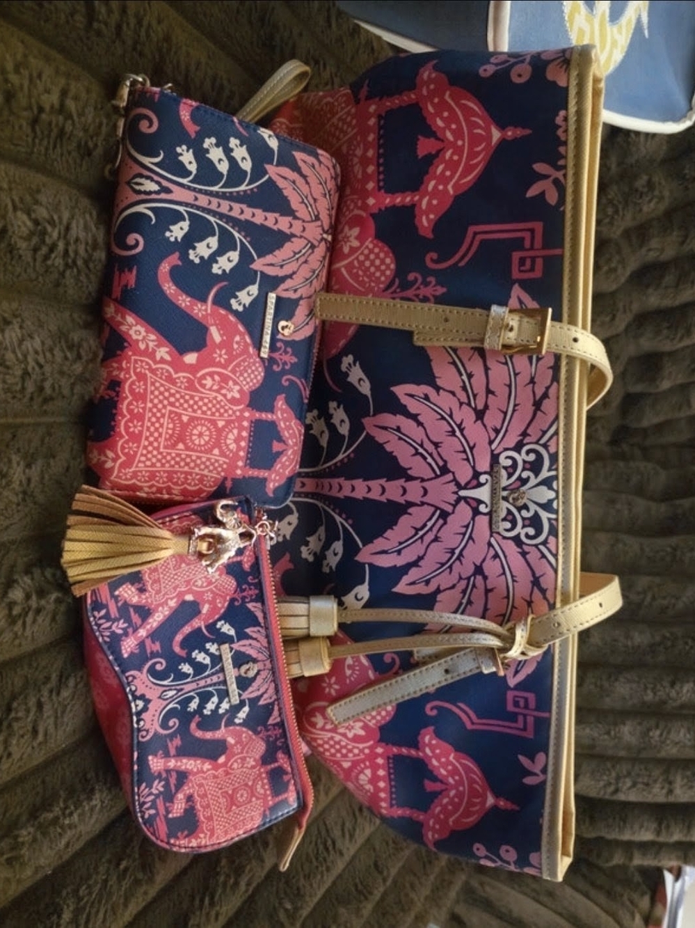 Spartina 449 Navy and Pink Printed Tote with Gold Accents and Matching Wallet